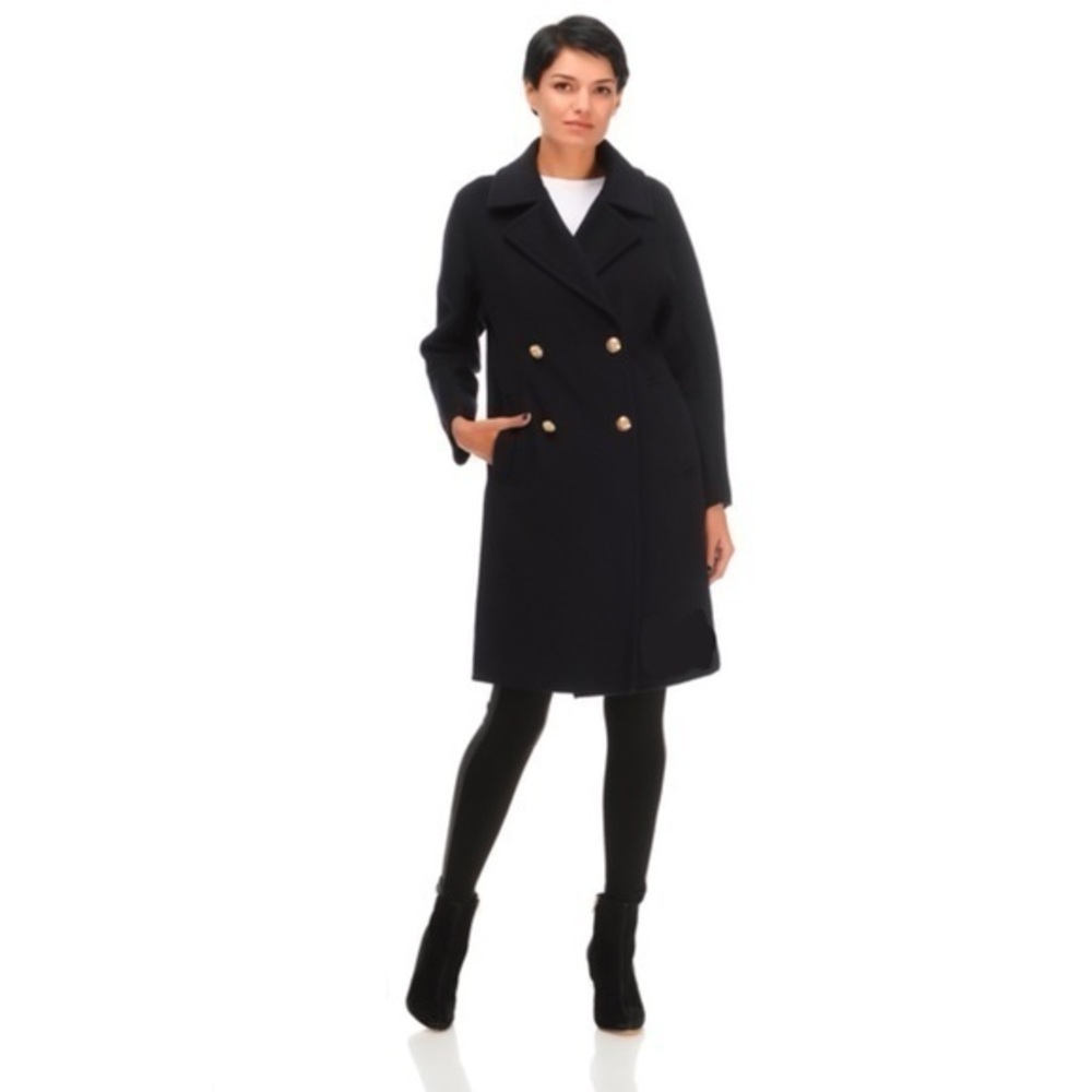 Zara Coat Wool Long Double Breasted Gold Buttons in Navy